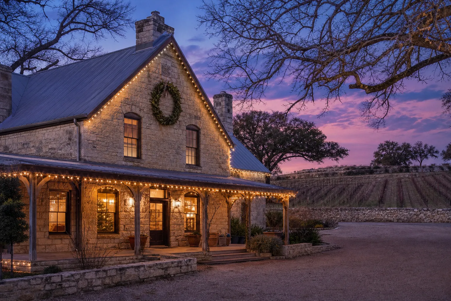 German-style limestone farmhouse strung with warm holiday lights at dusk, with winter vineyard rows on the hill behind it