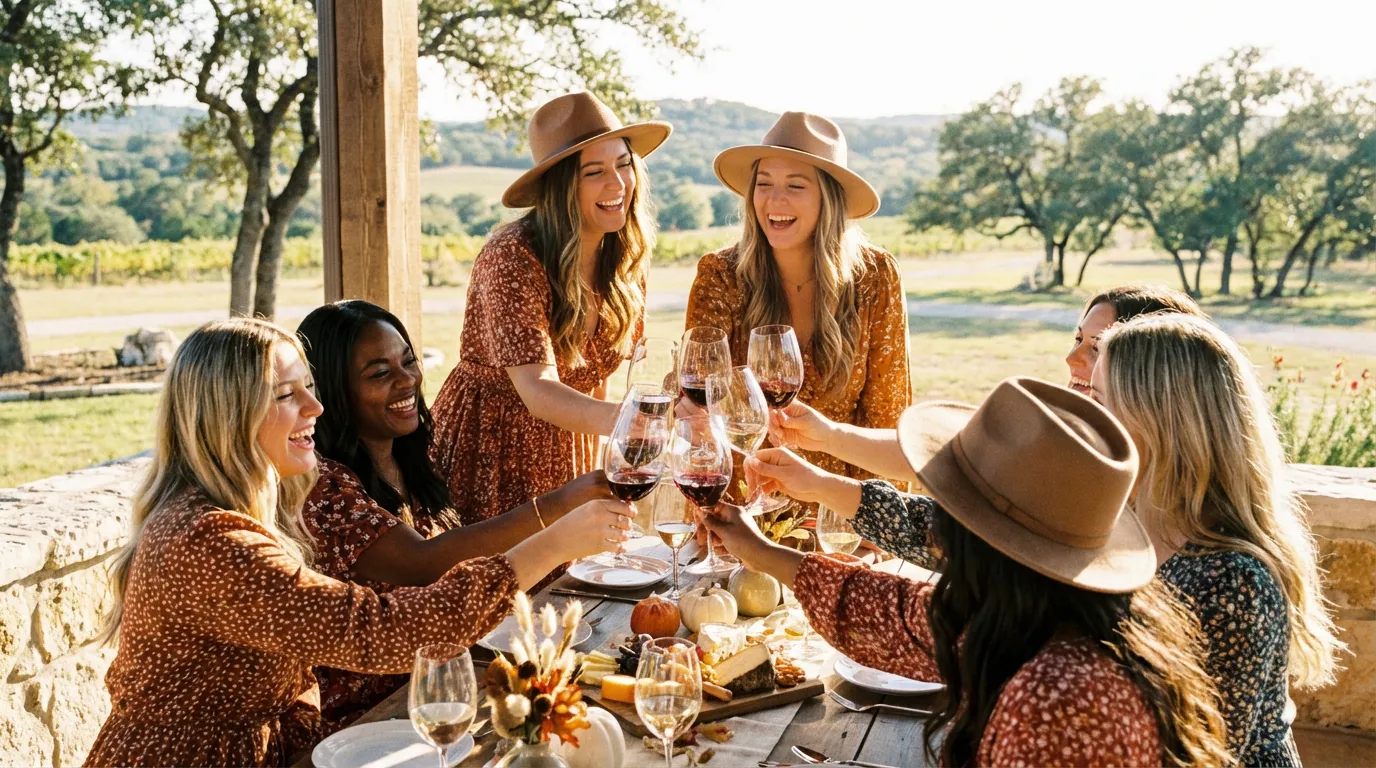 A bachelorette group toasting with wine at a Fredericksburg, Texas winery