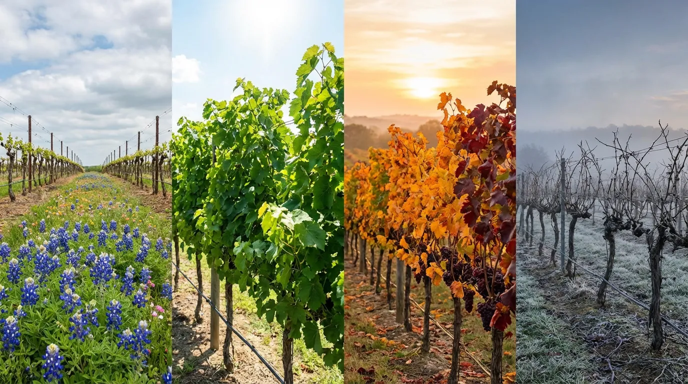 Hill Country vineyard rows near Fredericksburg, Texas in golden seasonal light