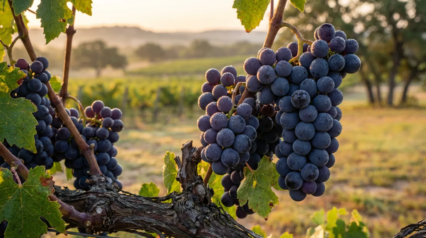 Clusters of red wine grapes ripening on the vine in the Texas Hill Country