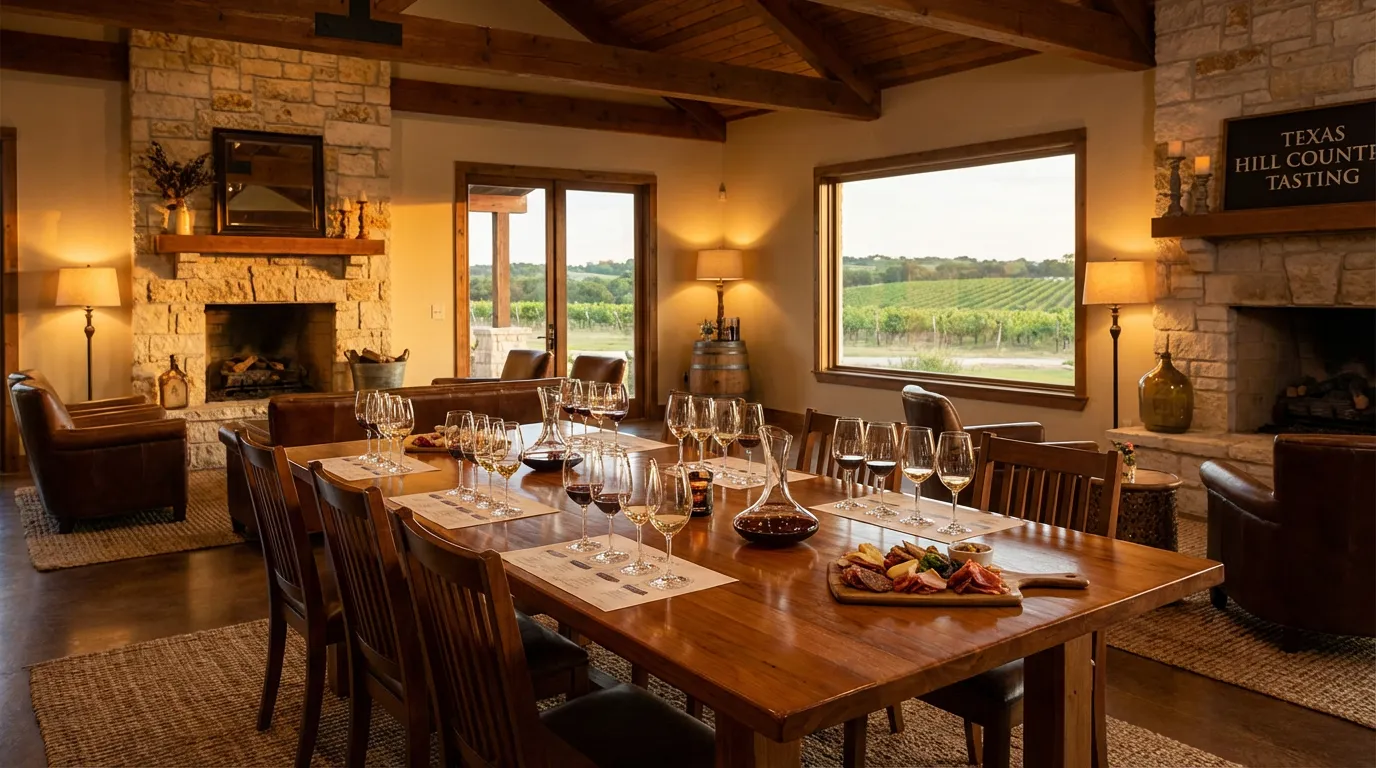 A row of tasting pours of white, rosé and red wine on a Fredericksburg tasting room bar