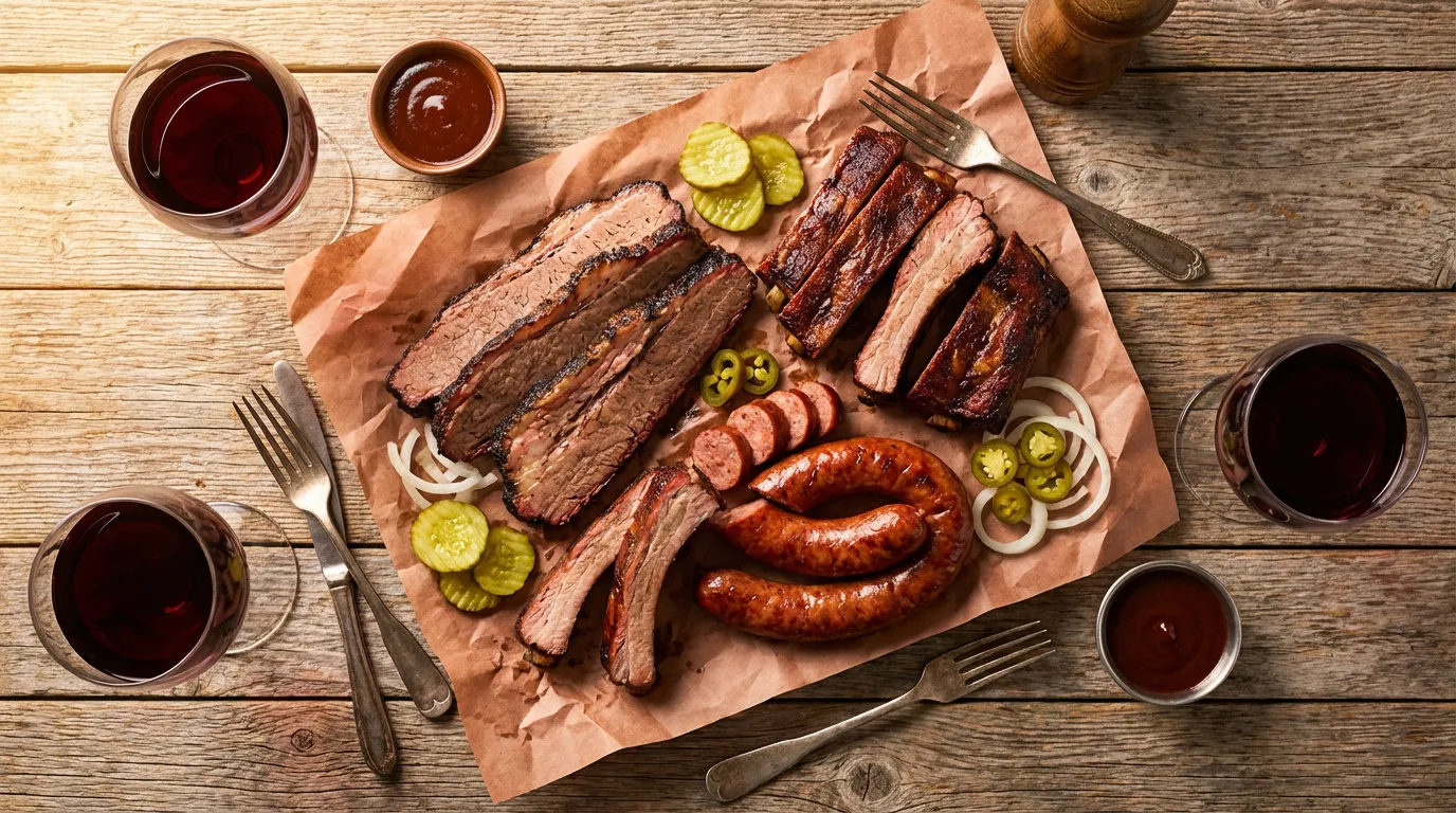 Sliced smoked brisket on butcher paper next to a glass of Texas red wine