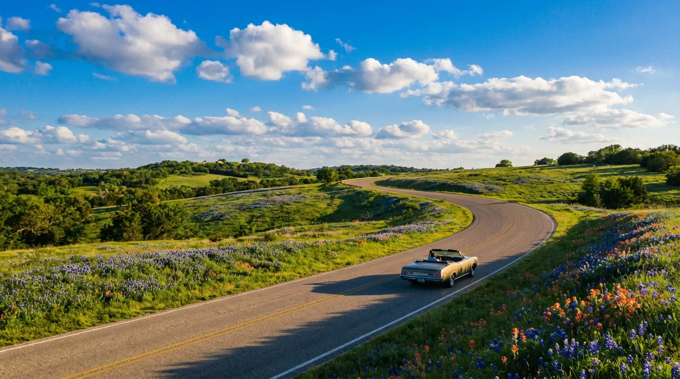 US Highway 290 winding through the Texas Hill Country toward Fredericksburg wineries