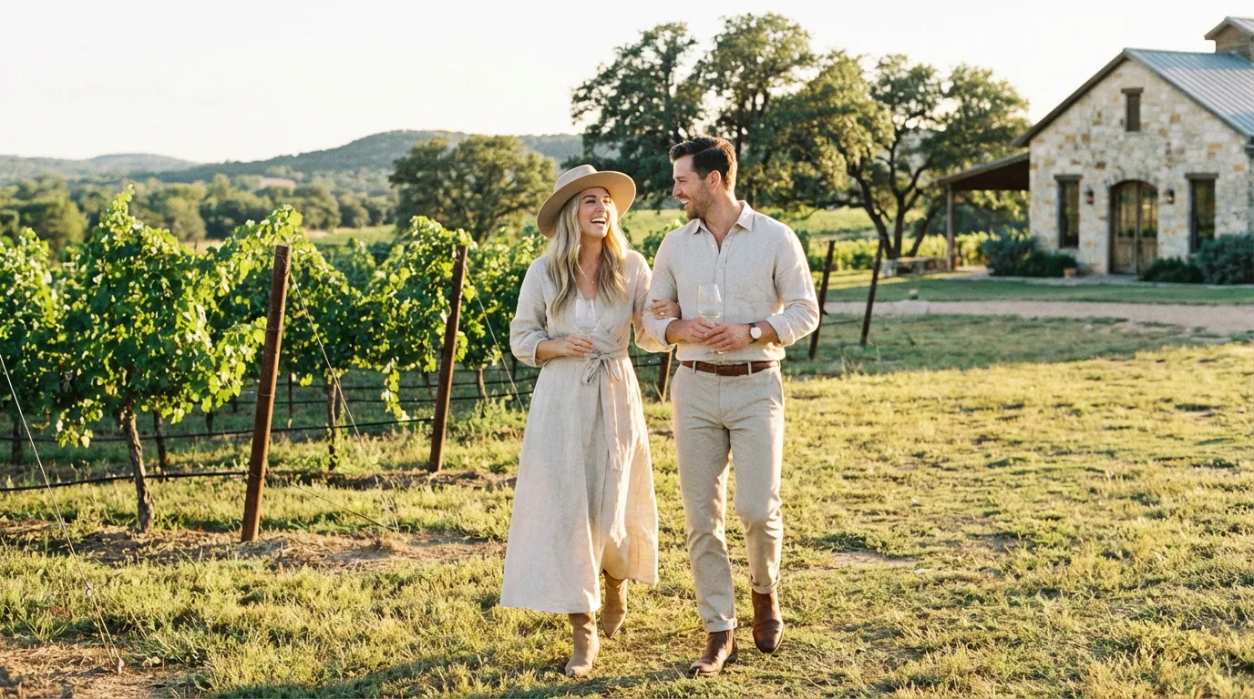 Friends in casual sundresses and boots enjoying wine on a Fredericksburg winery patio