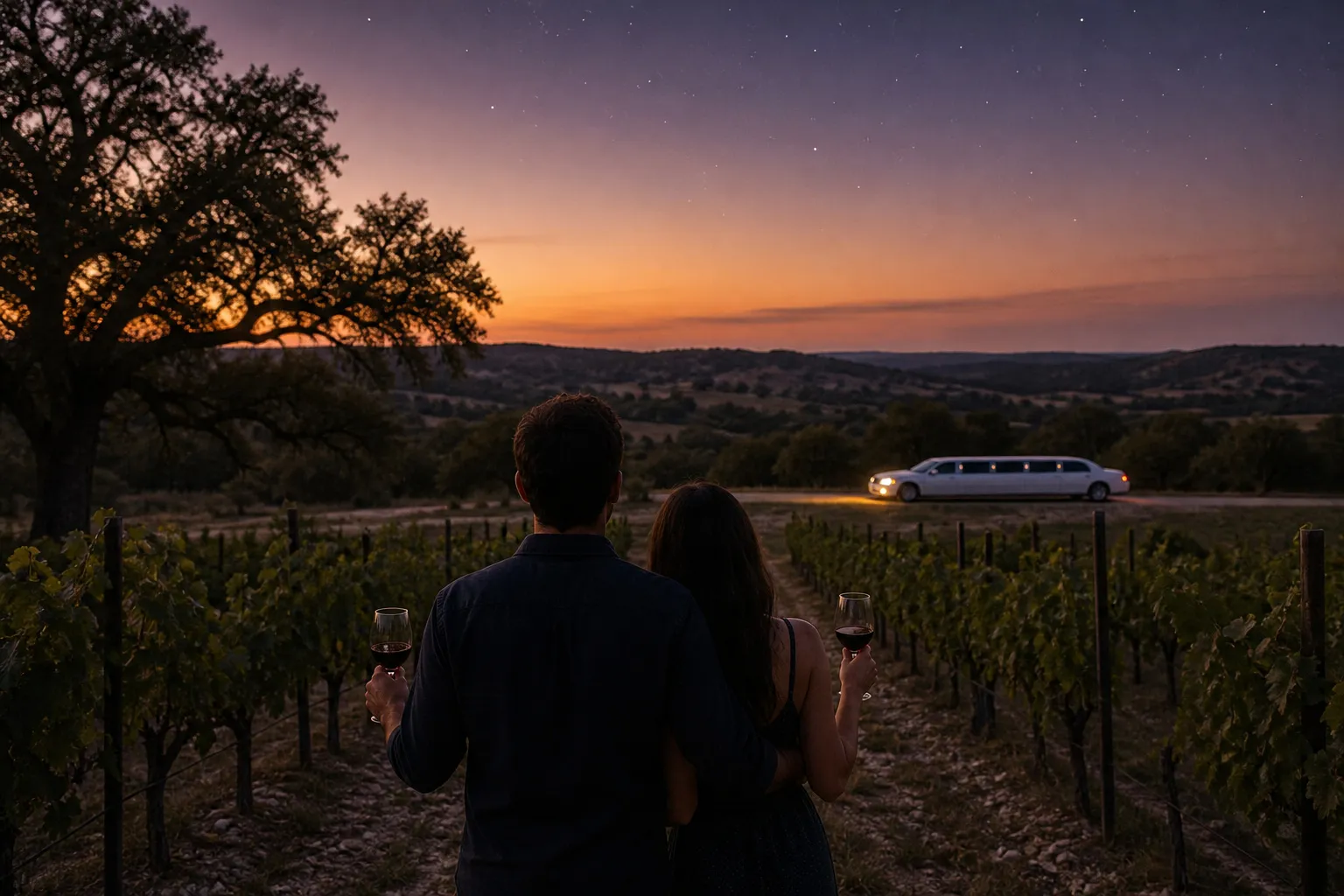 A couple seen from behind in a Hill Country vineyard at dusk, holding wine glasses, a white limo parked in the distance