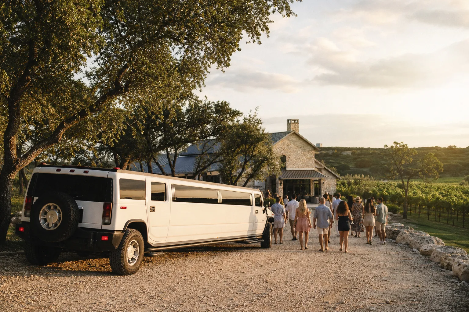 A white stretch Hummer limo parked at a Hill Country winery as a large group walks toward the tasting room