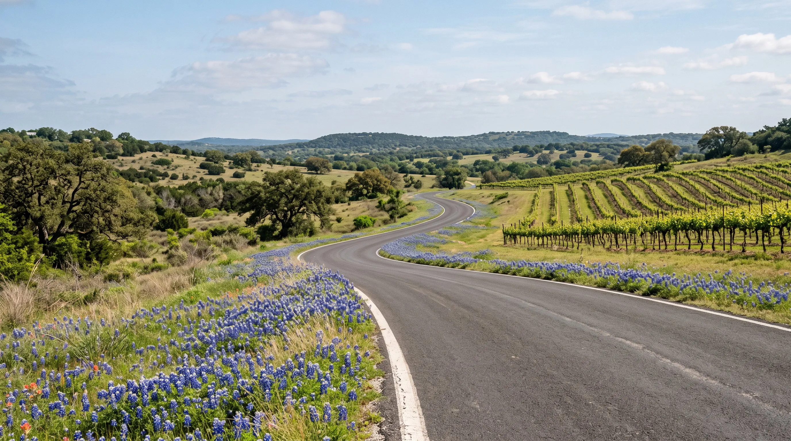 A country road winding through Texas Hill Country vineyards and bluebonnets