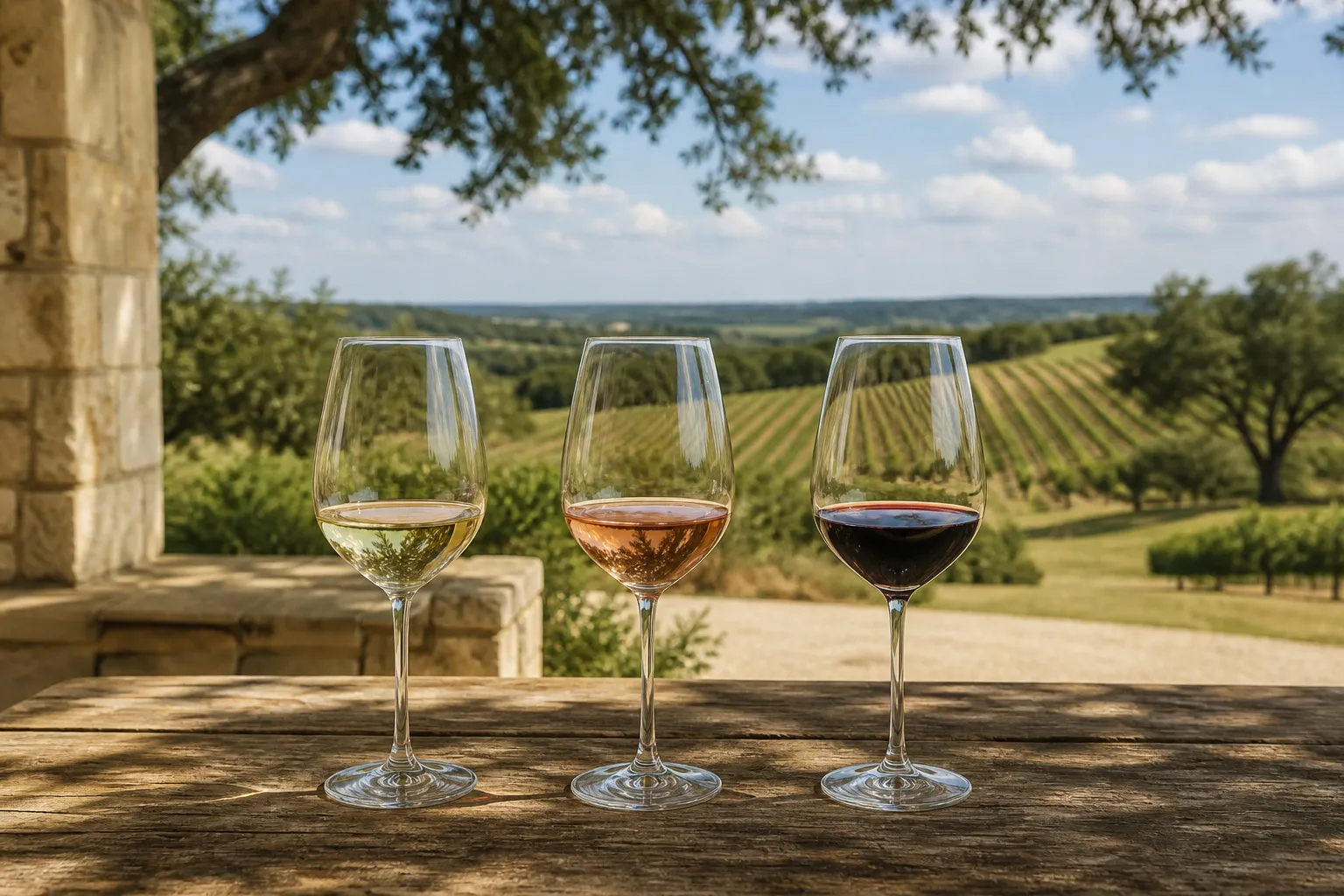 Three glasses of white, rosé and red wine on a shaded patio table overlooking Hill Country vineyard rows