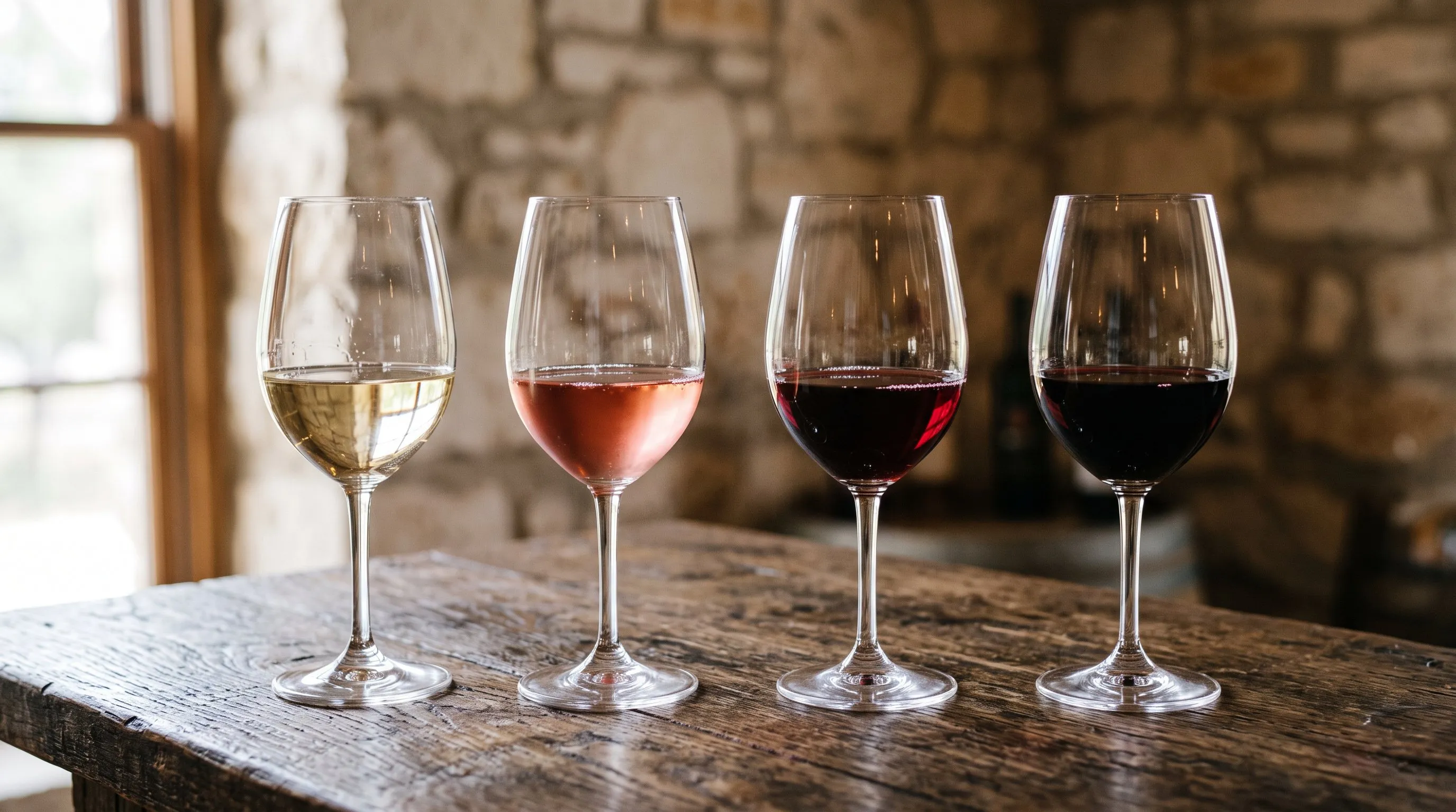 Four glasses of Texas wine on a rustic tasting room bar